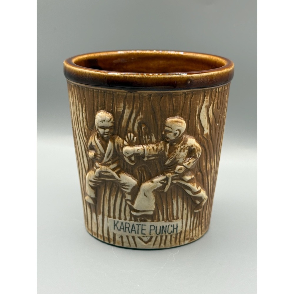 Vintage Tiki Karate Punch Mug. 1960's Otagiri Embossed Wood Grain Texture.
